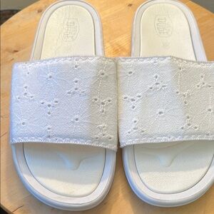 Hey Dude White Embroidered Slide Sandals